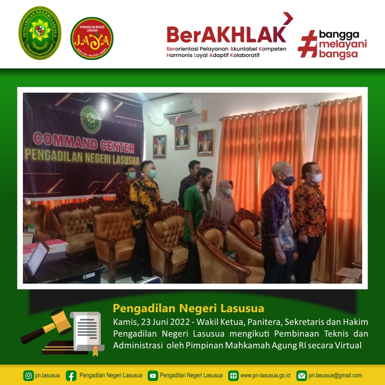 Wakil Ketua, Panitera, Sekretaris dan Hakim Pengadilan Negeri Lasusua mengikuti Pembinaan Teknis dan Administrasi  oleh Pimpinan Mahkamah Agung RI secara Virtual