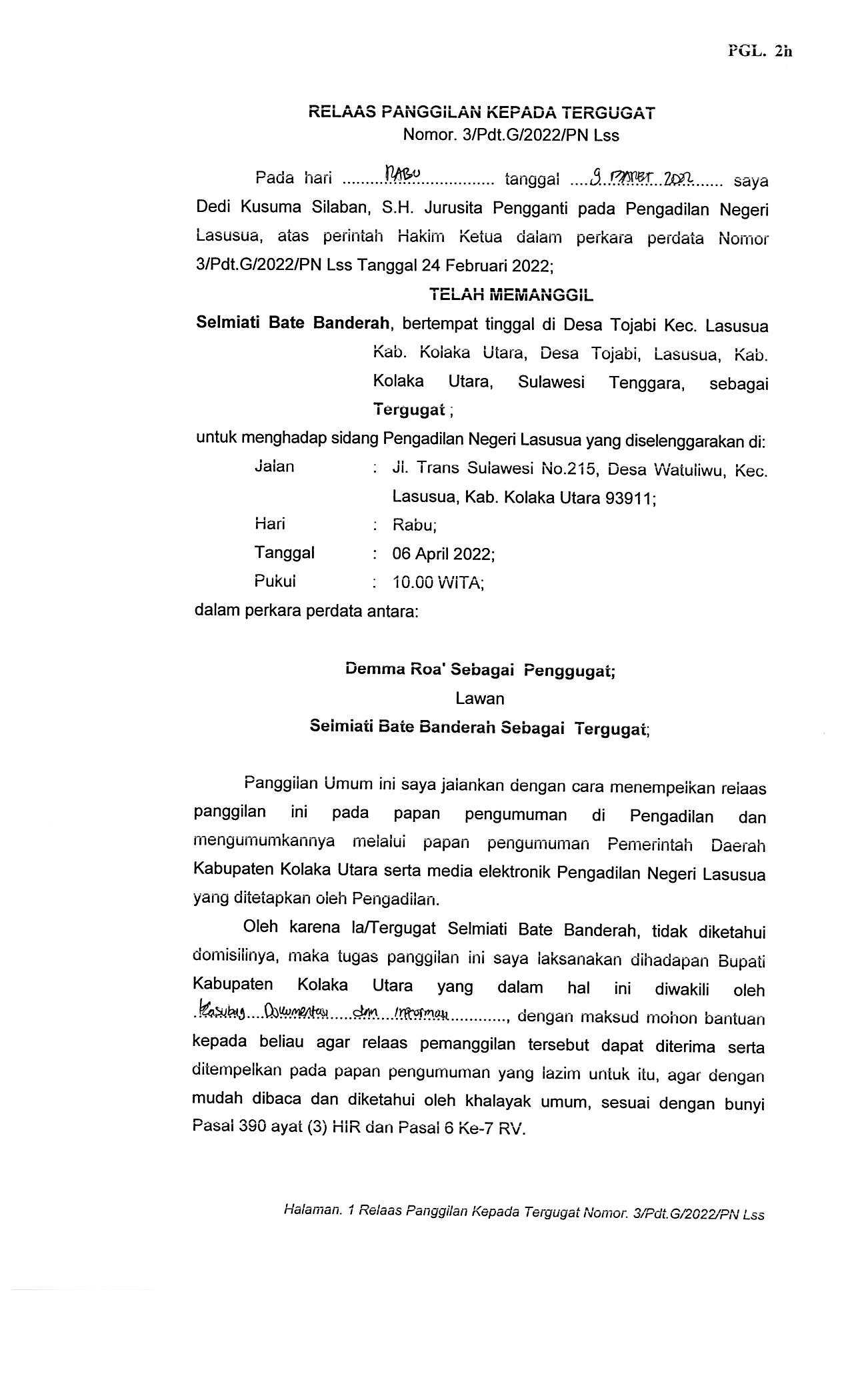 Panggilan umum terhadap Tergugat dalam perkara perdata nomor 3/Pdt.G/2022/PN Lss antara Demma Roa' sebagai Penggugat Melawan  Selmiati Bate Banderah sebagai Tergugat.