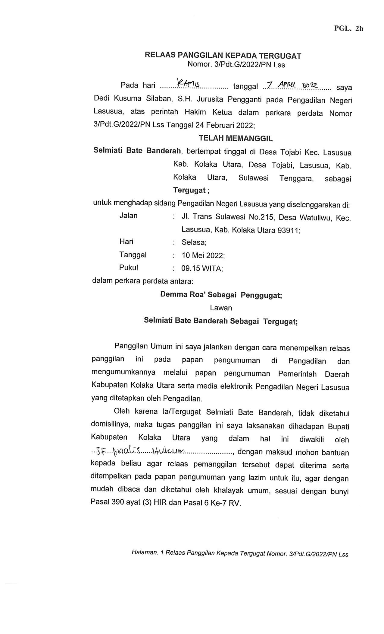 Panggilan umum terhadap Tergugat dalam perkara perdata nomor 3/Pdt.G/2022/PN Lss antara Demma Roa' sebagai Penggugat Melawan  Selmiati Bate Banderah sebagai Tergugat. (2)